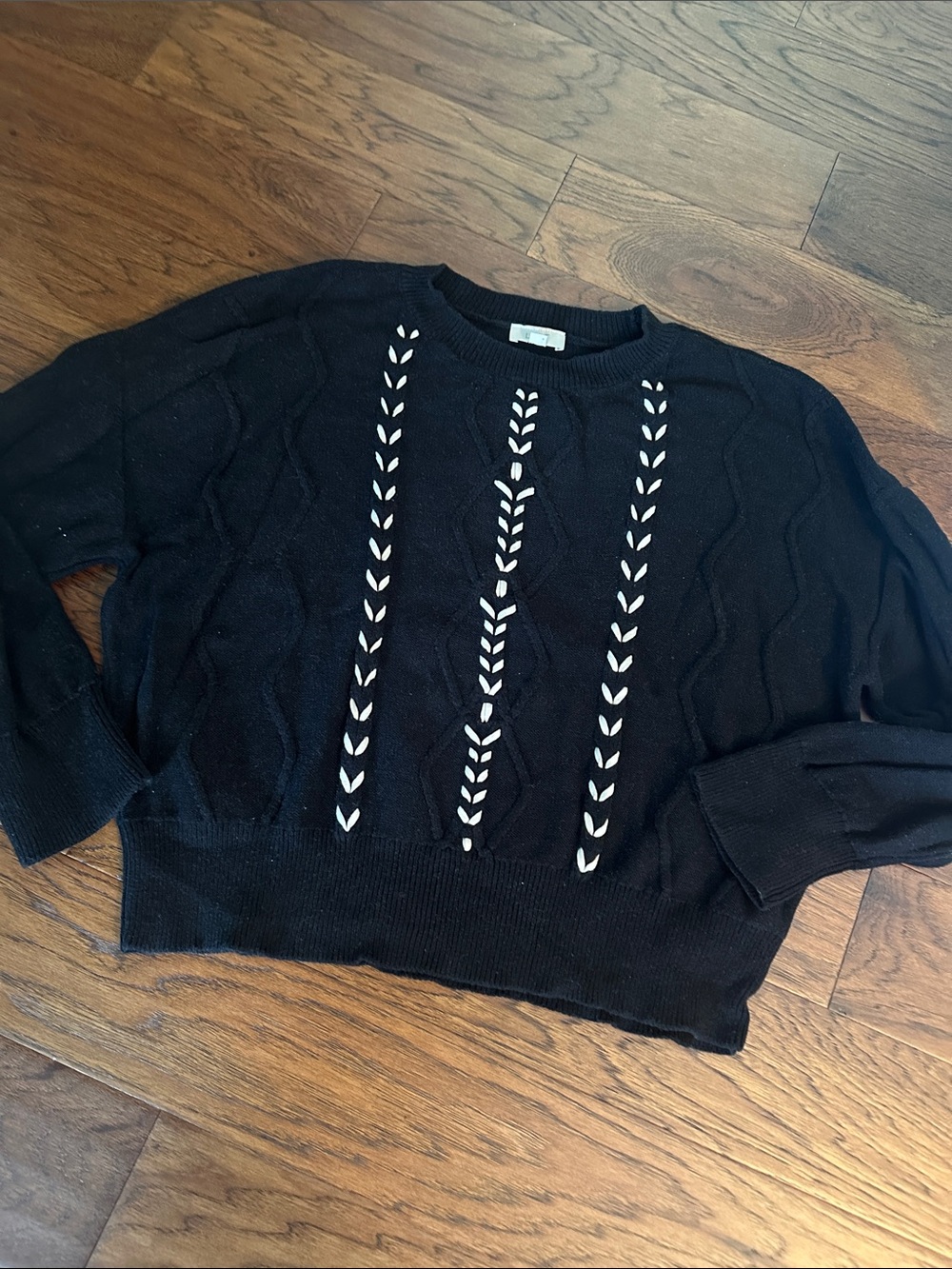 LOFT Black Crewneck Sweater with White Leaf Stitching